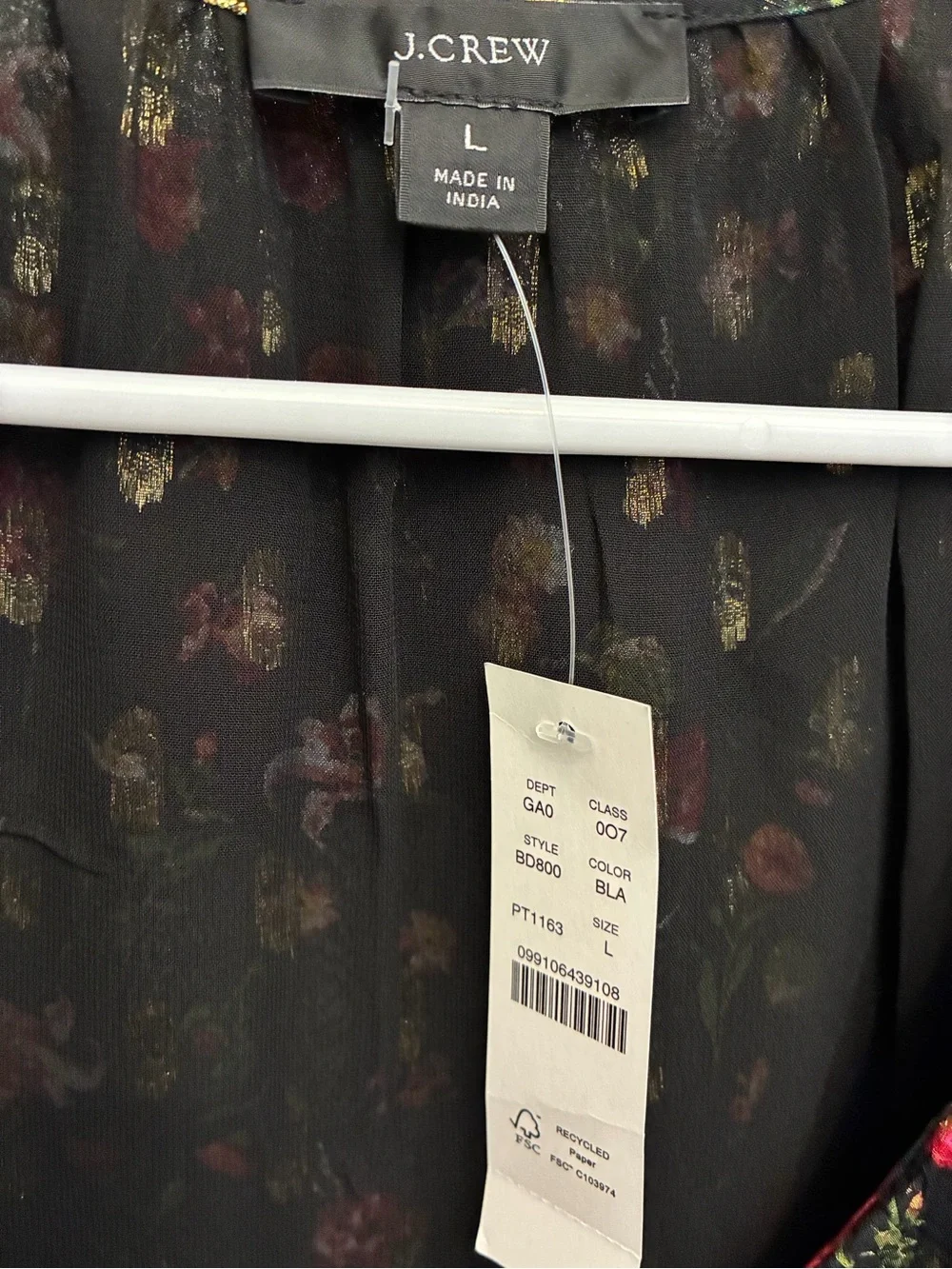 J. Crew Black Sheer Floral Ruffle Blouse with Pink and Yellow Blooms